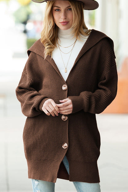 Brown Pocketed Button Up Chunky Knit Cardigan - Vesteeto