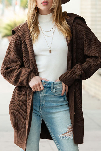 Brown Pocketed Button Up Chunky Knit Cardigan - Vesteeto