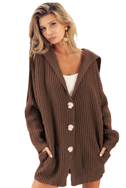 Brown Pocketed Button Up Chunky Knit Cardigan - Vesteeto