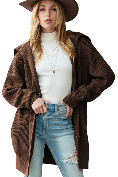 Brown Pocketed Button Up Chunky Knit Cardigan - Vesteeto