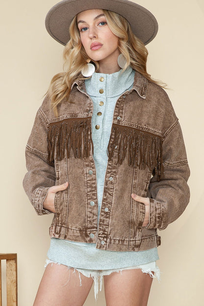 Brown Rhinestone Fringe Vintage Denim Jacket - Vesteeto