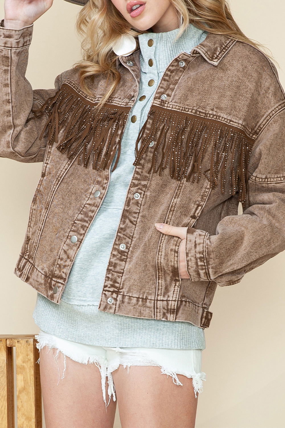 Brown Rhinestone Fringe Vintage Denim Jacket - Vesteeto