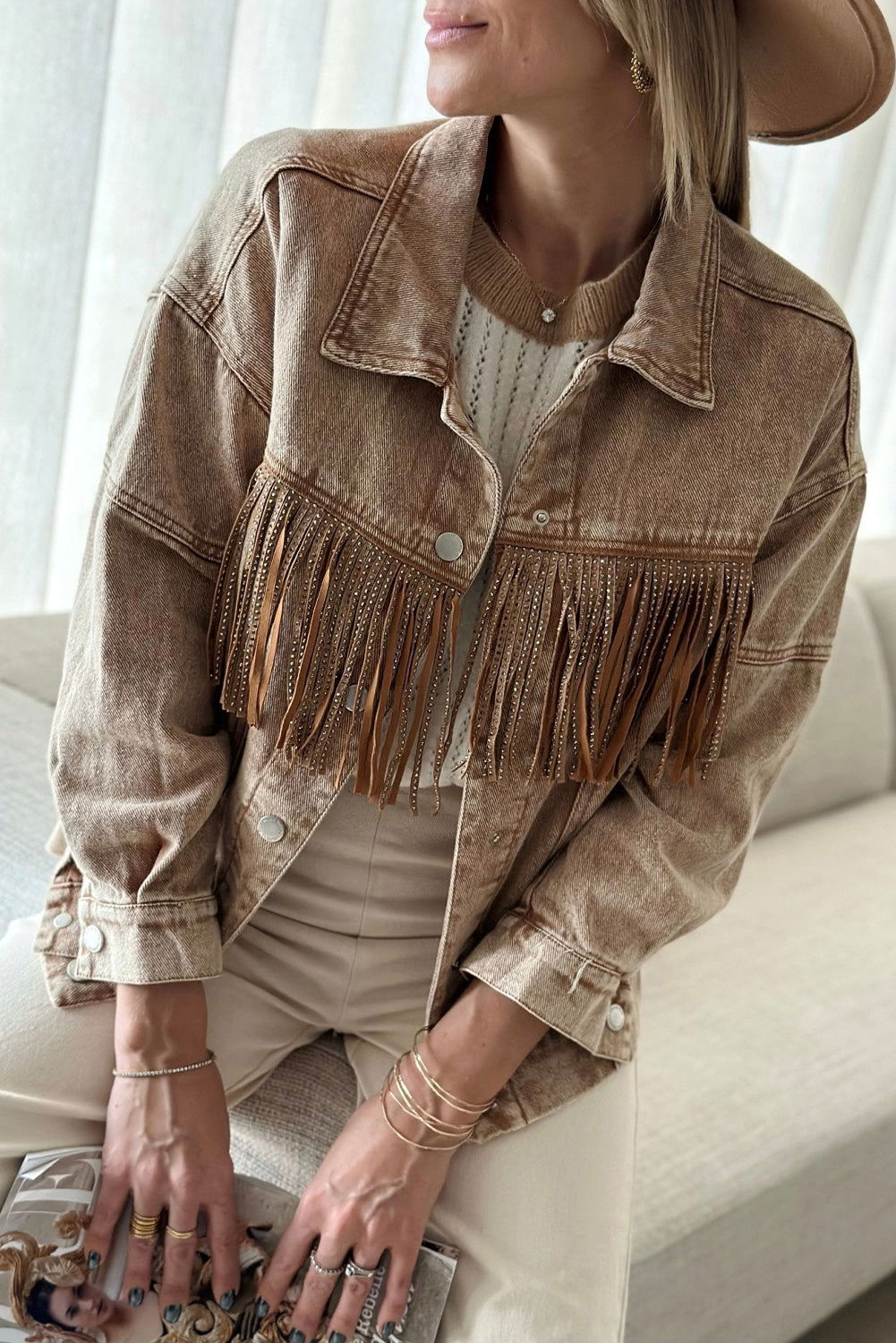 Brown Rhinestone Fringe Vintage Denim Jacket - Vesteeto