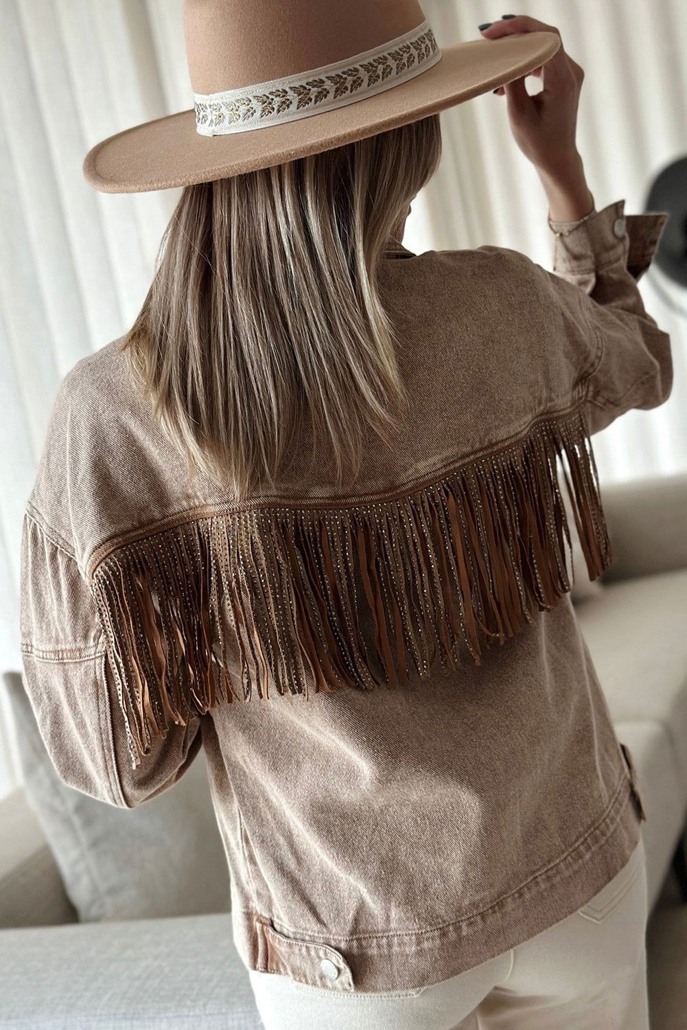 Brown Rhinestone Fringe Vintage Denim Jacket - Vesteeto