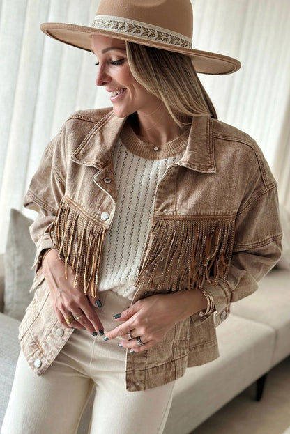 Brown Rhinestone Fringe Vintage Denim Jacket - Vesteeto