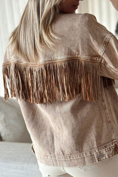 Brown Rhinestone Fringe Vintage Denim Jacket - Vesteeto