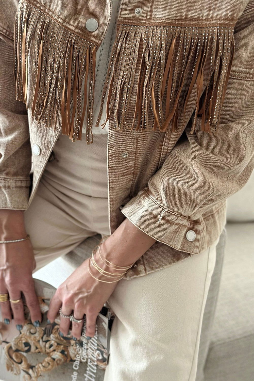 Brown Rhinestone Fringe Vintage Denim Jacket - Vesteeto