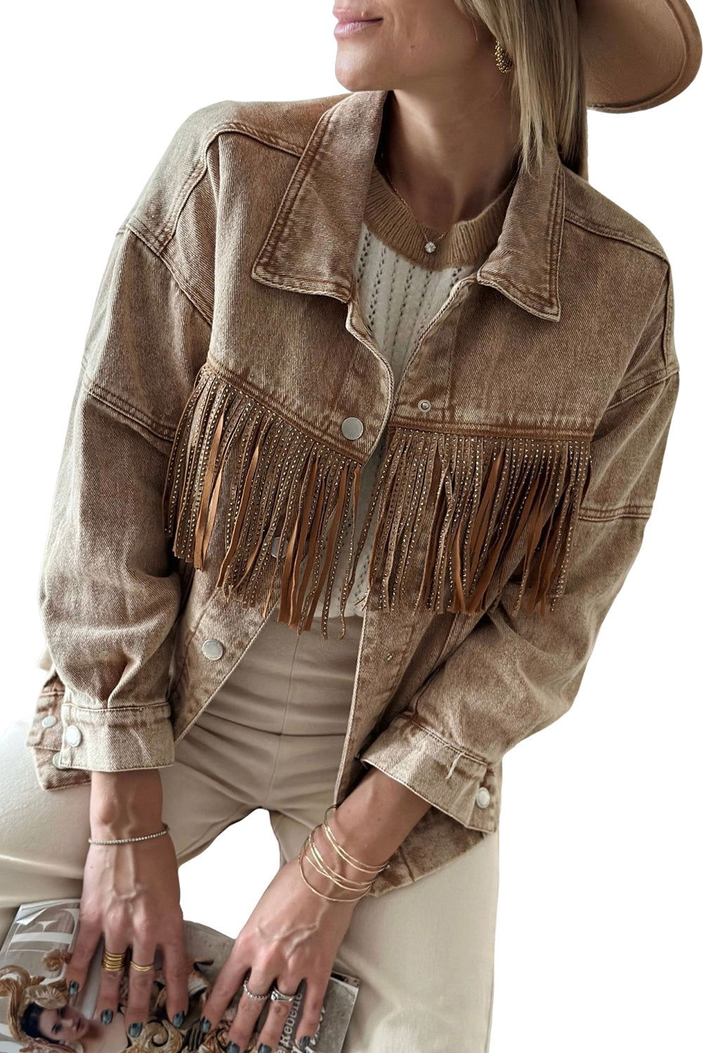 Brown Rhinestone Fringe Vintage Denim Jacket - Vesteeto