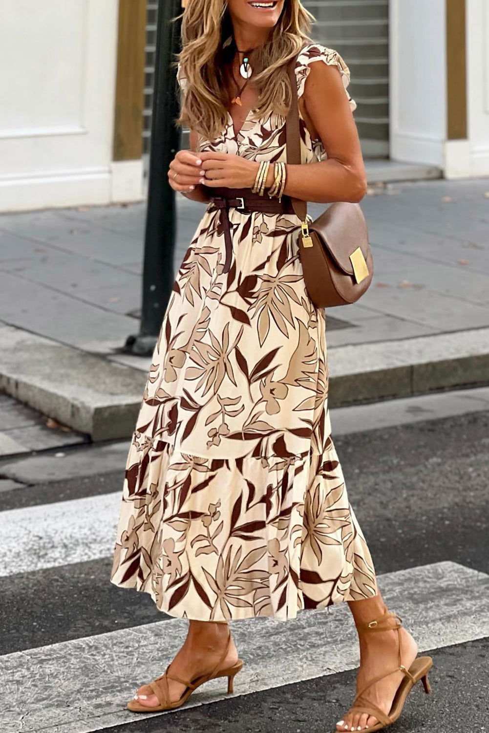 Brown Ruffled V Neck Leaves Print Long Dress - Vesteeto