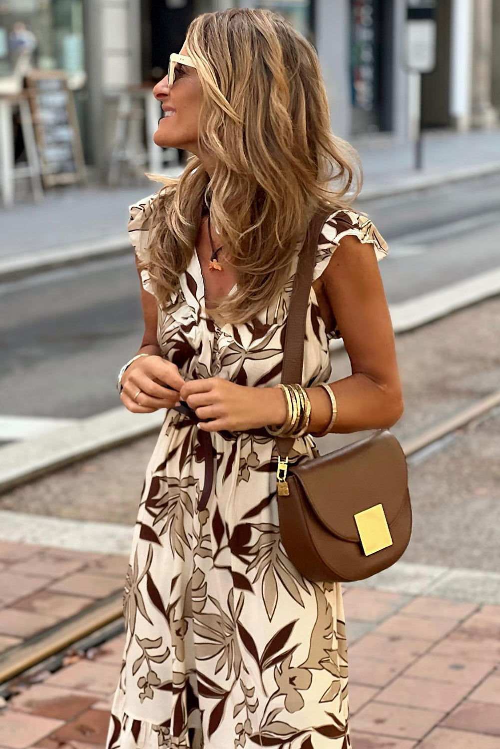 Brown Ruffled V Neck Leaves Print Long Dress - Vesteeto