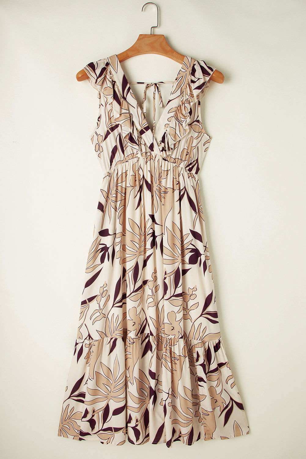 Brown Ruffled V Neck Leaves Print Long Dress - Vesteeto