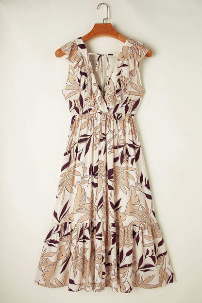 Brown Ruffled V Neck Leaves Print Long Dress - Vesteeto