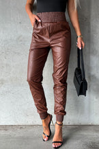 Brown Smocked High Waist Leather Skinny Pants - Vesteeto