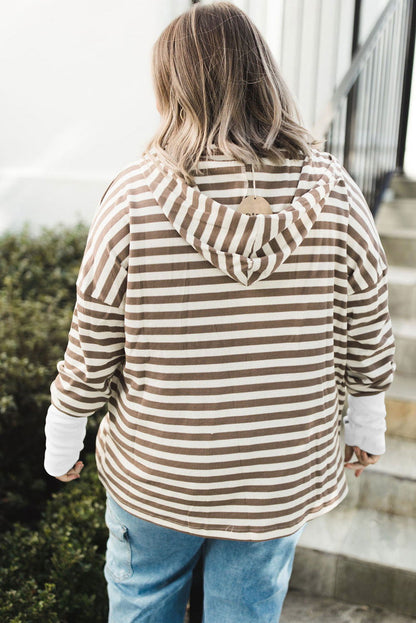 Brown Stripe Drop Sleeve Plus Size Henley Hoodie - Vesteeto