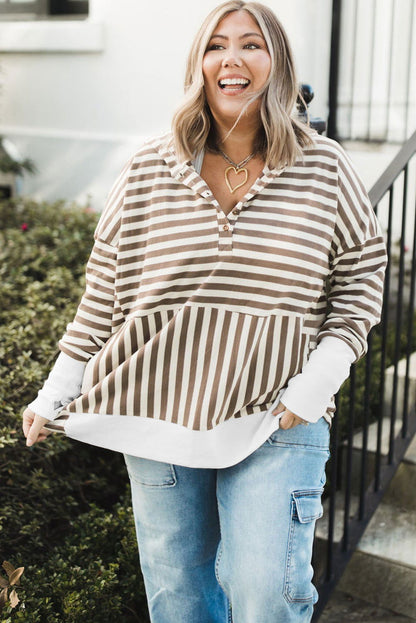 Brown Stripe Drop Sleeve Plus Size Henley Hoodie - Vesteeto