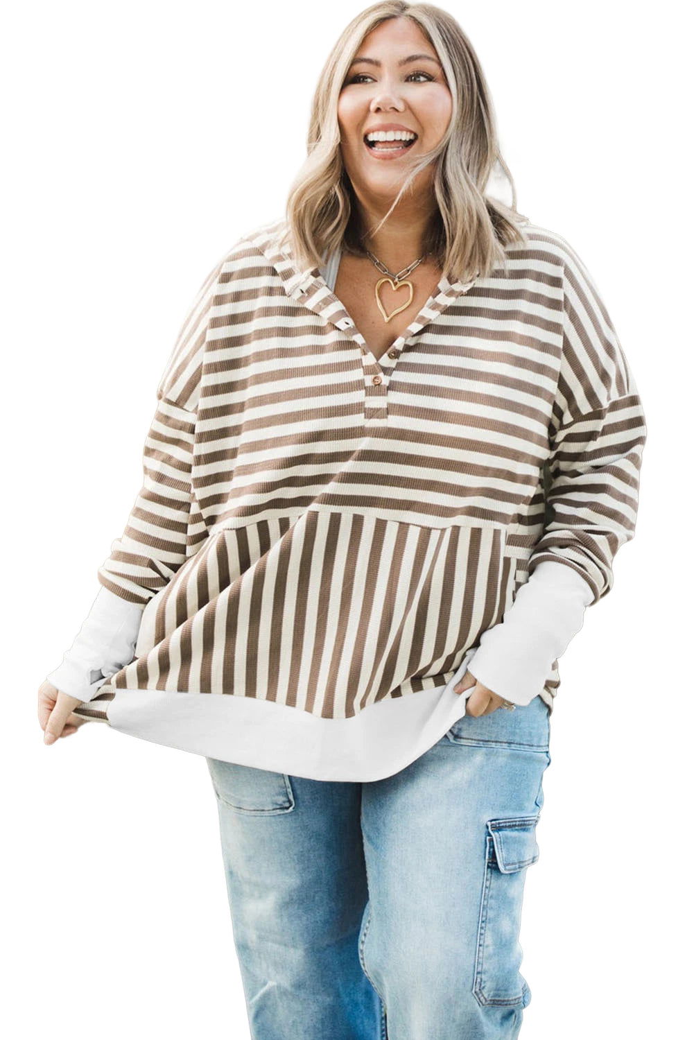 Brown Stripe Drop Sleeve Plus Size Henley Hoodie - Vesteeto