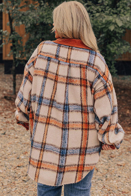 Brown Stripe Plus Size Plaid Print Collared Buttoned Jacket - Vesteeto