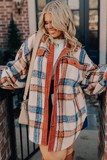 Brown Stripe Plus Size Plaid Print Collared Buttoned Jacket - Vesteeto