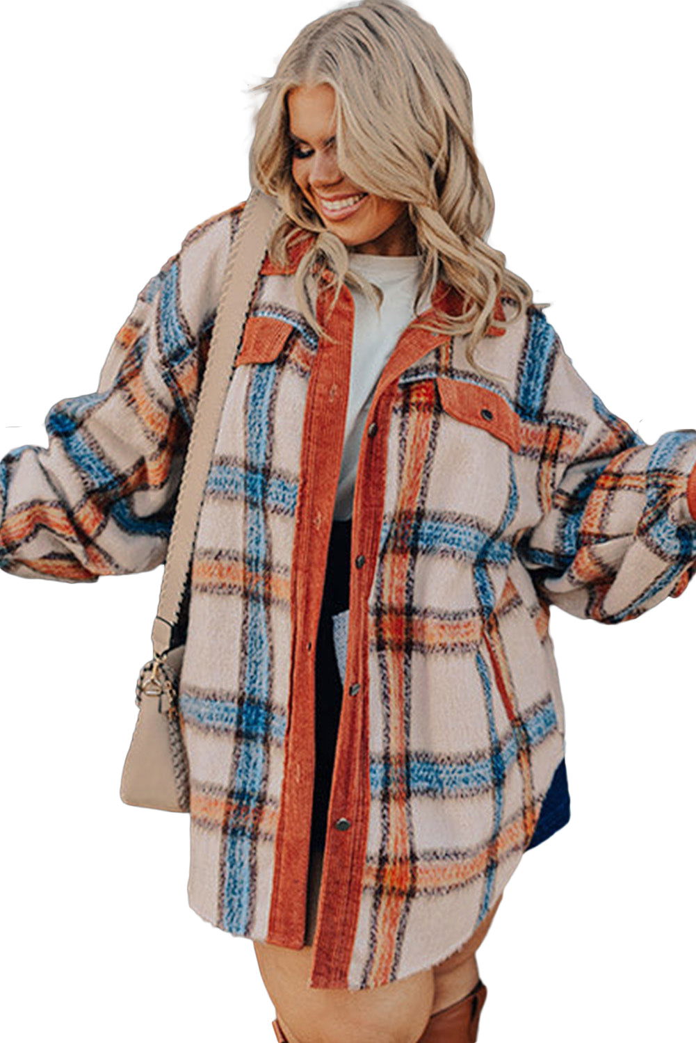 Brown Stripe Plus Size Plaid Print Collared Buttoned Jacket - Vesteeto