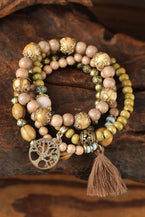 Brown Tree Of Life Charm Tassel Layers Wood Beads Bracelet - Vesteeto