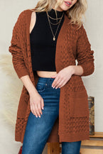 Brown Woven Texture Open Front Pockets Knit Cardigan - Vesteeto