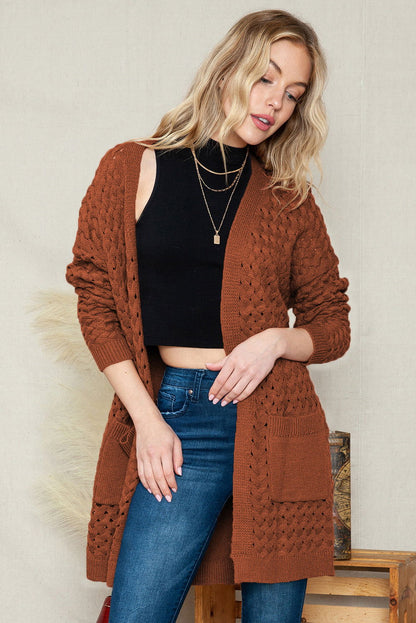 Brown Woven Texture Open Front Pockets Knit Cardigan - Vesteeto