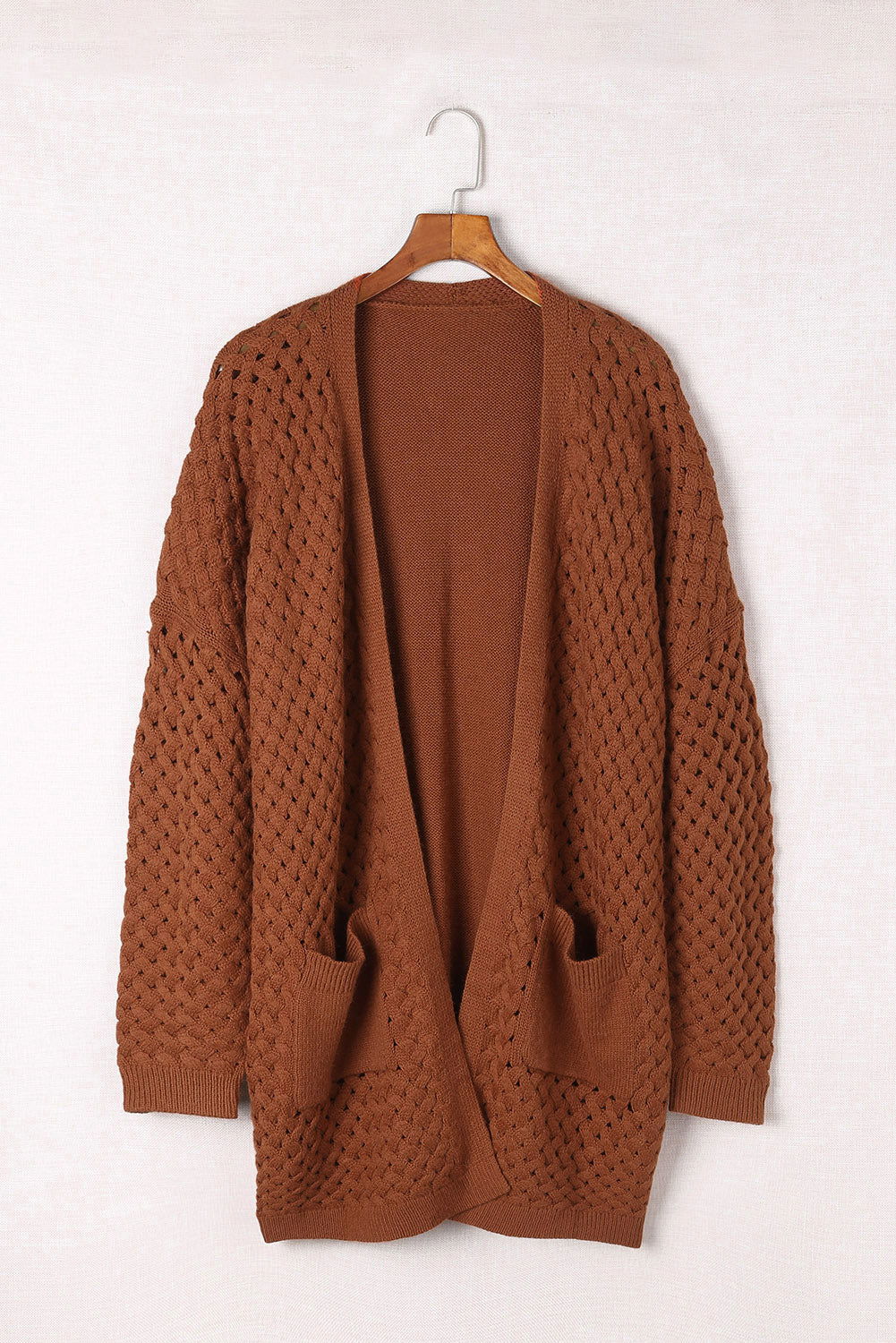 Brown Woven Texture Open Front Pockets Knit Cardigan - Vesteeto