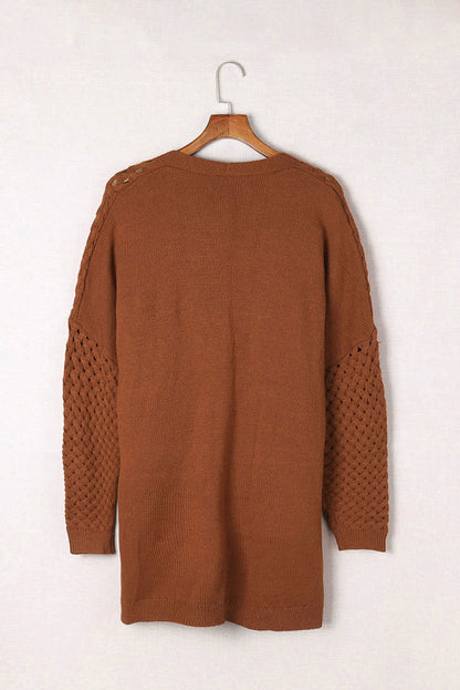 Brown Woven Texture Open Front Pockets Knit Cardigan - Vesteeto