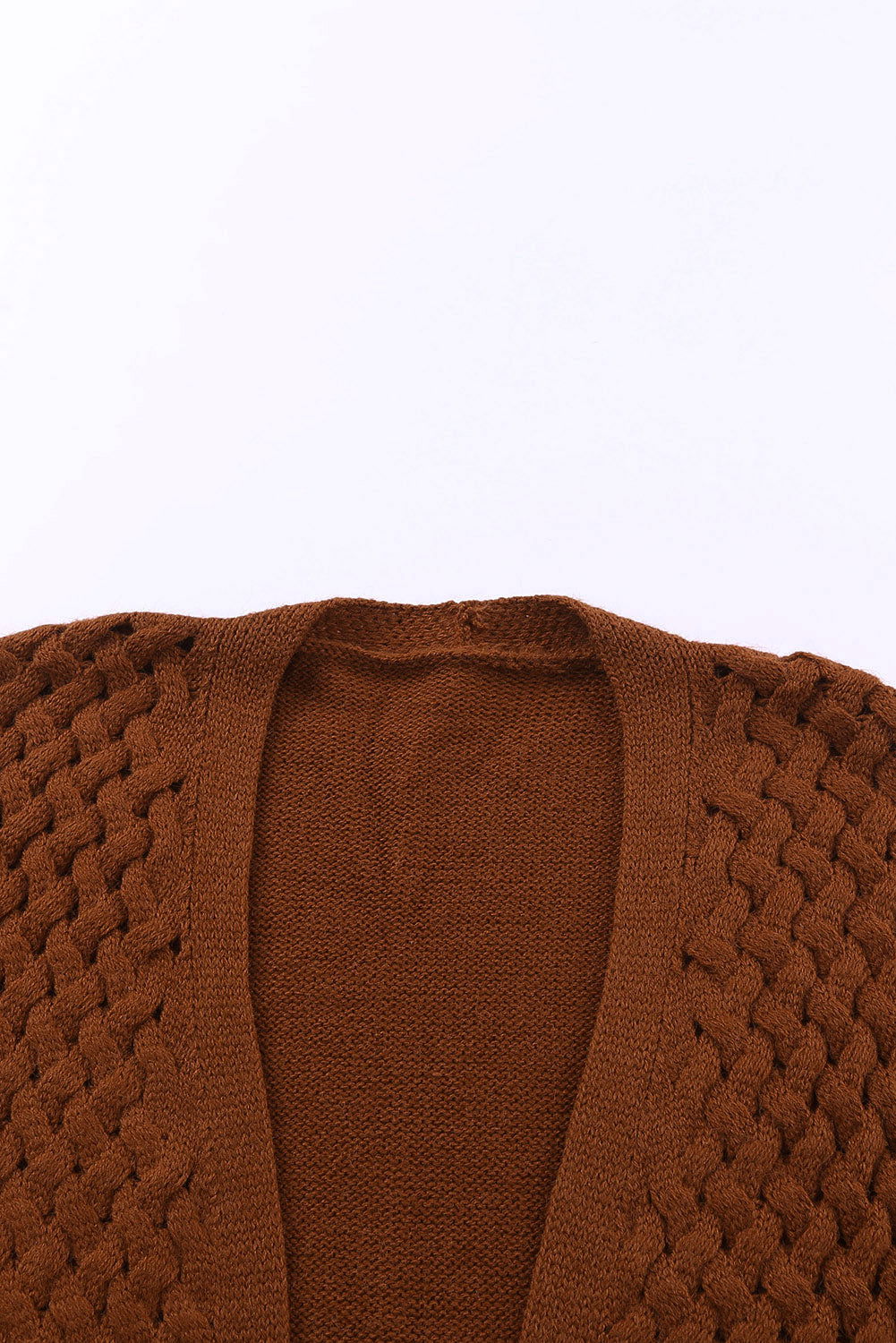 Brown Woven Texture Open Front Pockets Knit Cardigan - Vesteeto