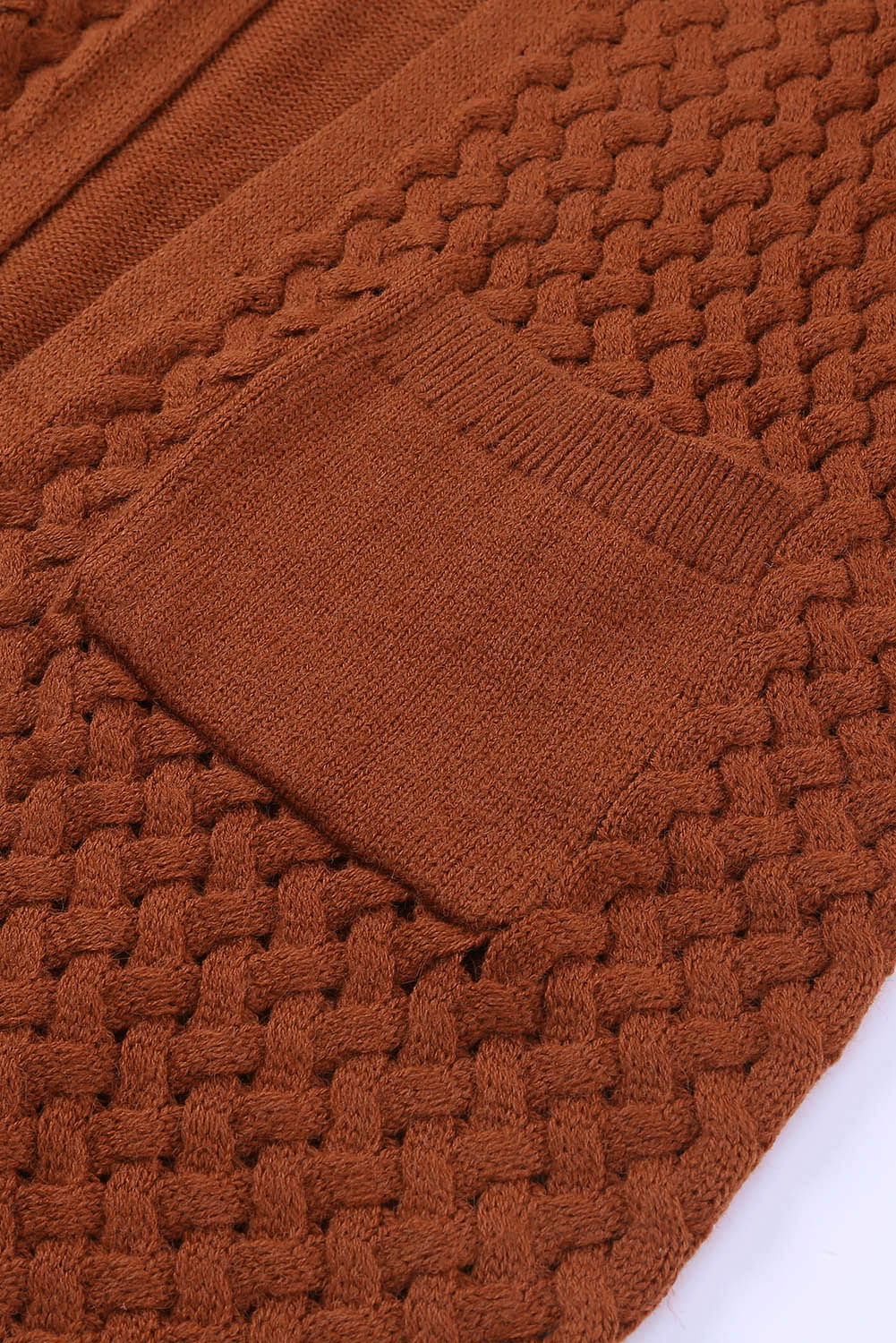 Brown Woven Texture Open Front Pockets Knit Cardigan - Vesteeto