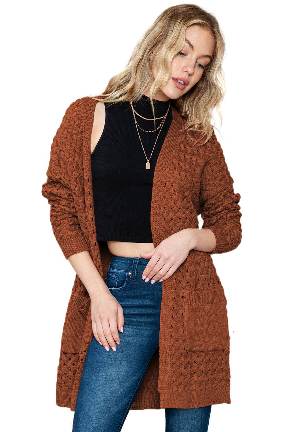 Brown Woven Texture Open Front Pockets Knit Cardigan - Vesteeto