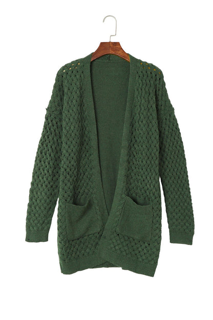 Brown Woven Texture Open Front Pockets Knit Cardigan - Vesteeto