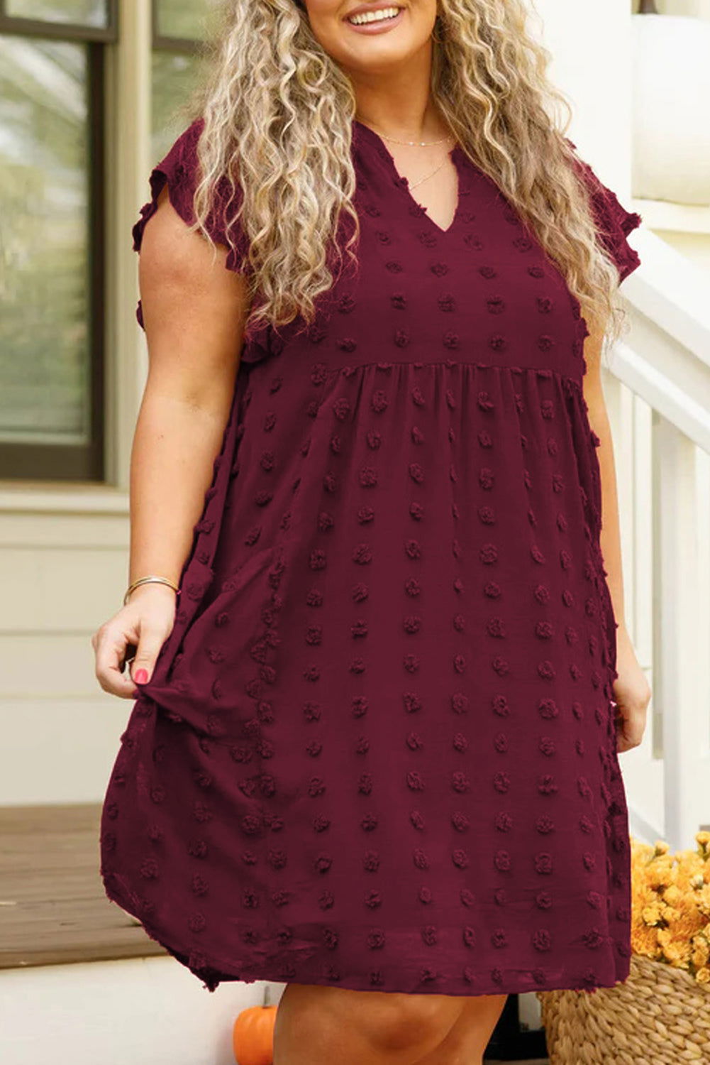 Burgundy Plus Size Swiss Dot Ruffled Sleeve V Neck Dress - Vesteeto