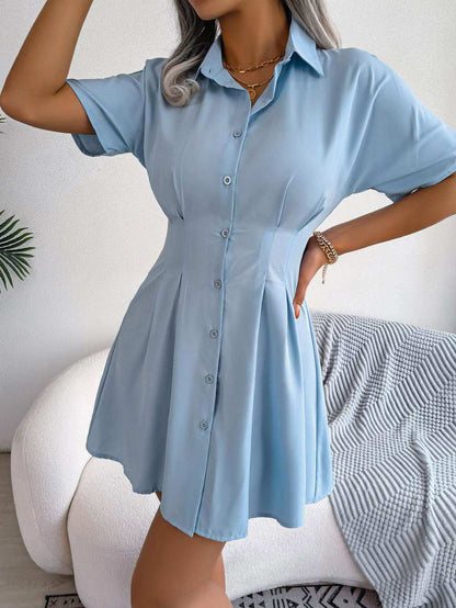 Button Down Collared Mini Dress - Vesteeto