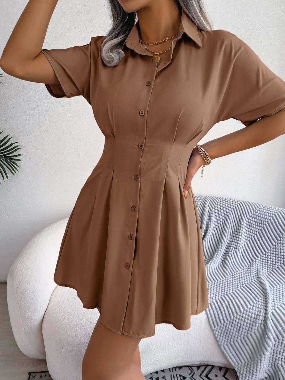 Button Down Collared Mini Dress - Vesteeto