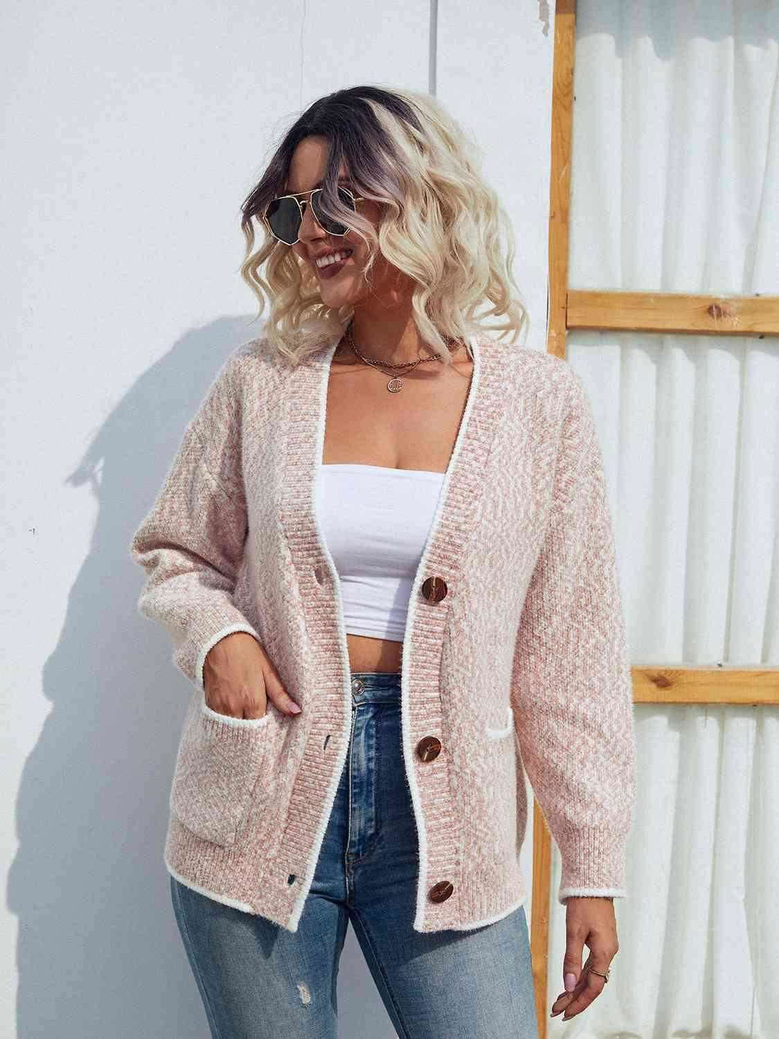 Button Down V-Neck Cardigan with Pockets - Vesteeto