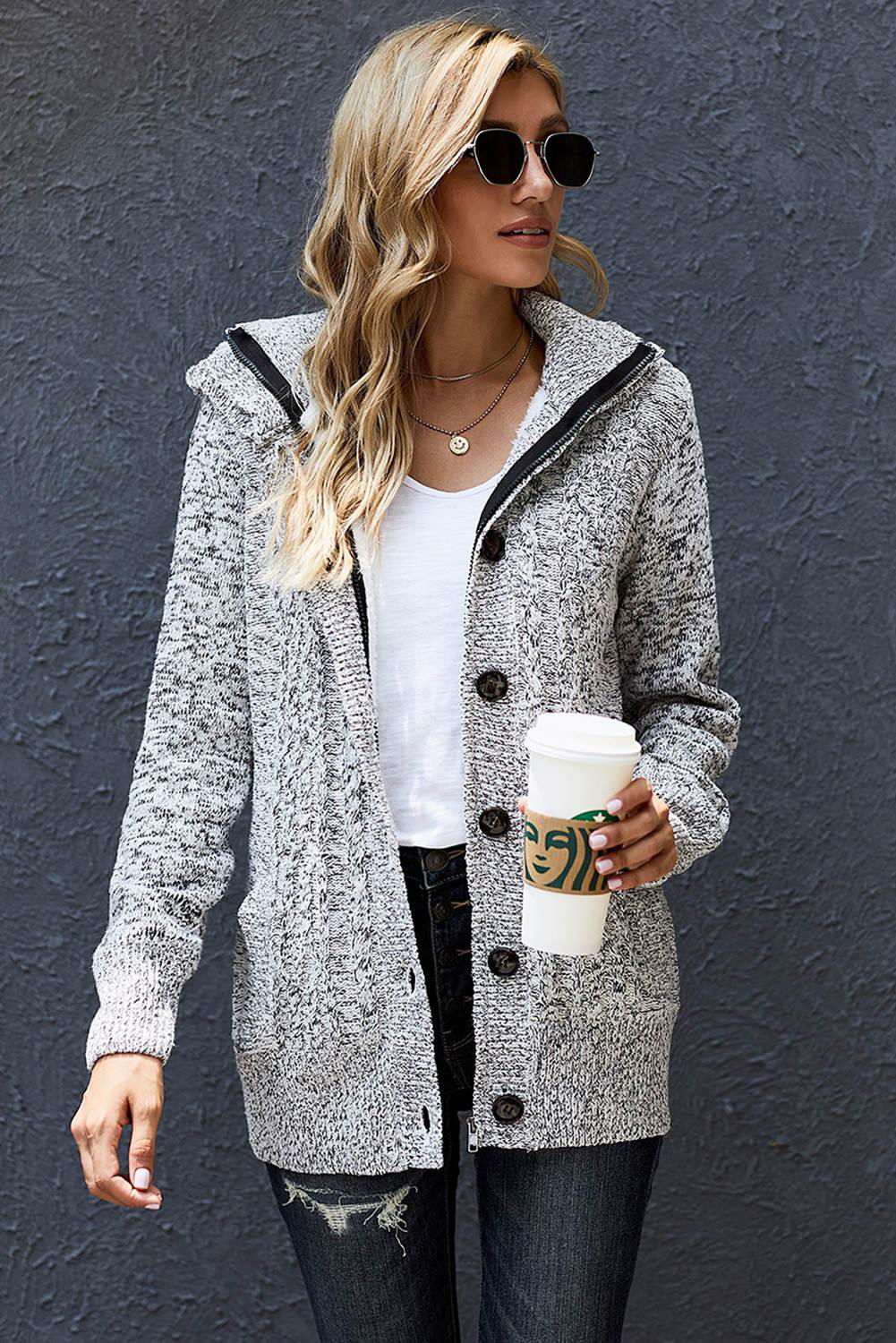 Cable-Knit Fleece Lining Button-Up Hooded Cardigan - Vesteeto