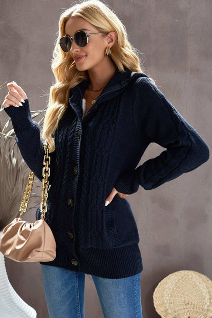 Cable-Knit Fleece Lining Button-Up Hooded Cardigan - Vesteeto