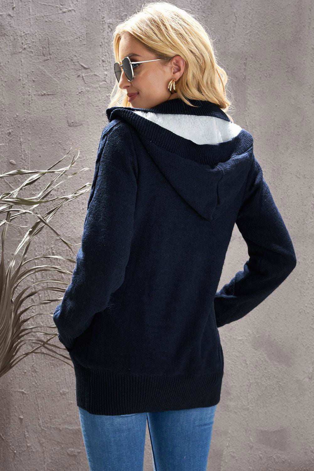 Cable-Knit Fleece Lining Button-Up Hooded Cardigan - Vesteeto