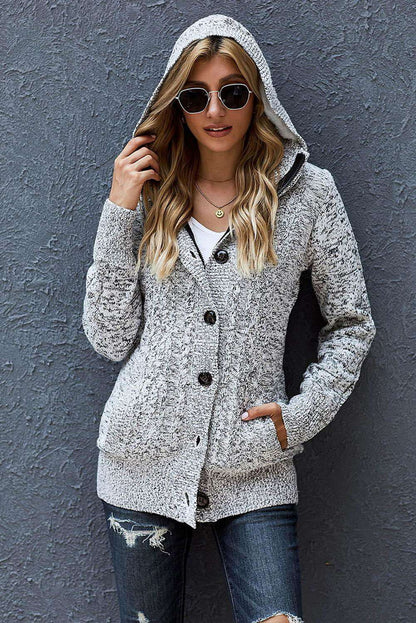 Cable-Knit Fleece Lining Button-Up Hooded Cardigan - Vesteeto