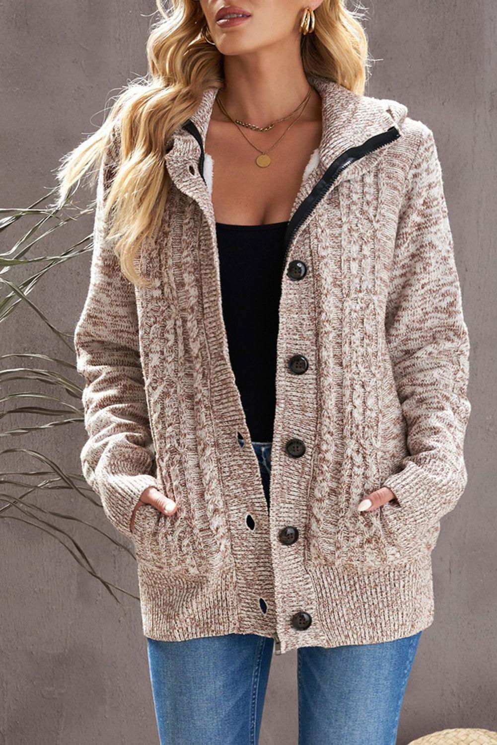 Cable-Knit Fleece Lining Button-Up Hooded Cardigan - Vesteeto