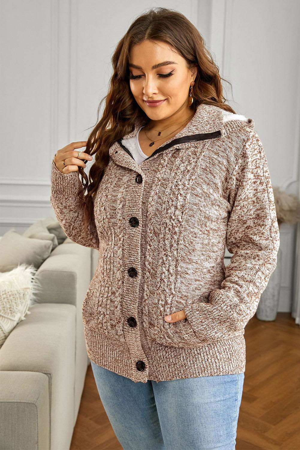 Cable-Knit Fleece Lining Button-Up Hooded Cardigan - Vesteeto