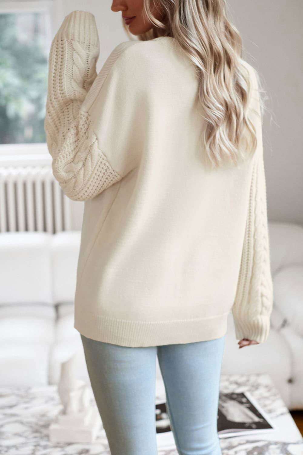 Cable-Knit Round Neck Drop Shoulder Sweater - Vesteeto