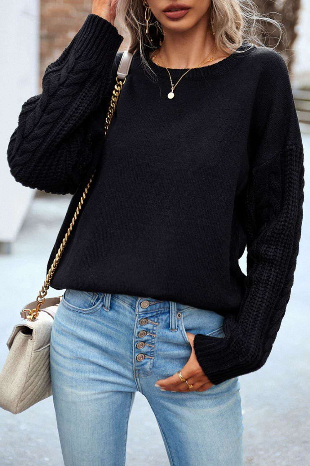 Cable-Knit Round Neck Drop Shoulder Sweater - Vesteeto