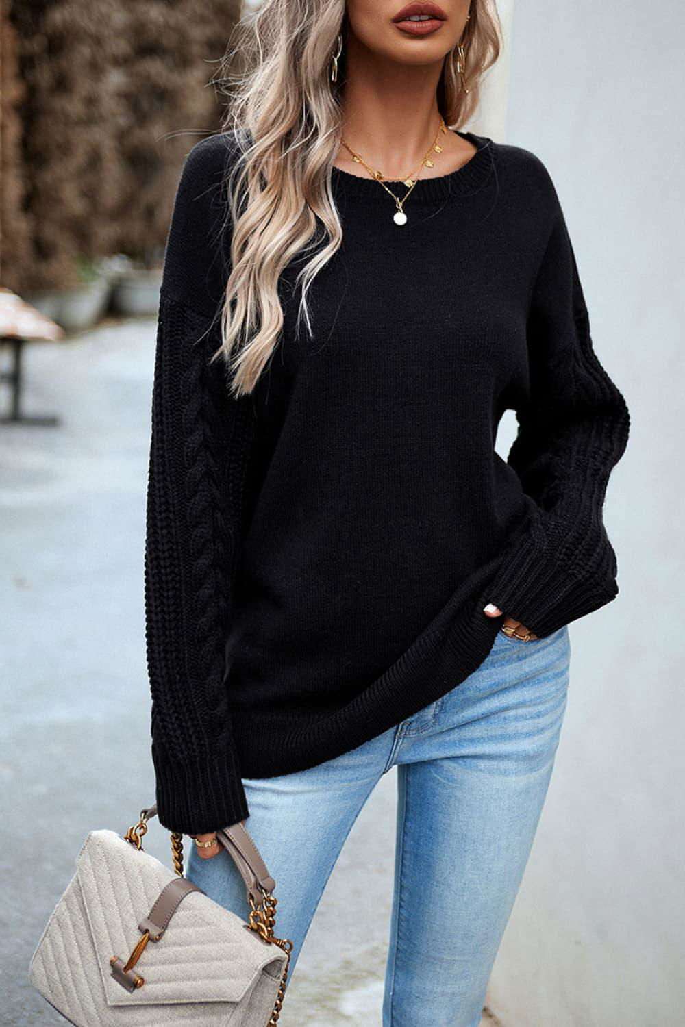 Cable-Knit Round Neck Drop Shoulder Sweater - Vesteeto