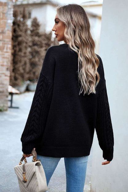 Cable-Knit Round Neck Drop Shoulder Sweater - Vesteeto