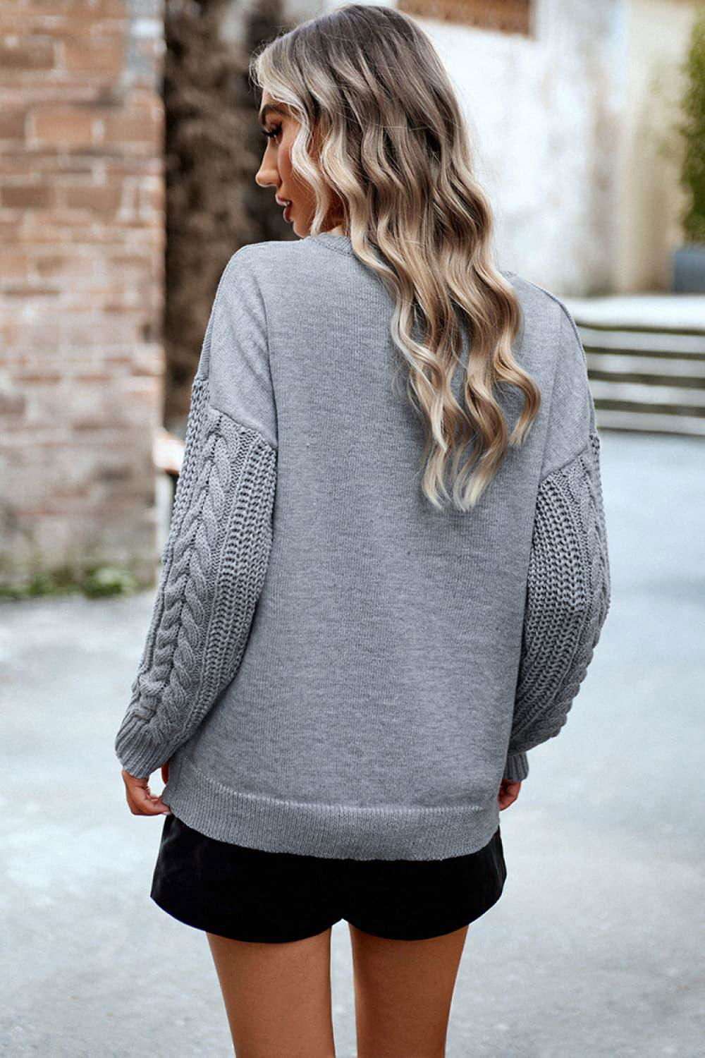 Cable-Knit Round Neck Drop Shoulder Sweater - Vesteeto