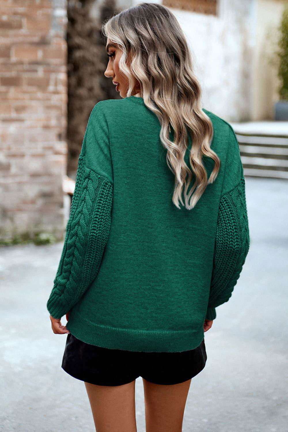 Cable-Knit Round Neck Drop Shoulder Sweater - Vesteeto