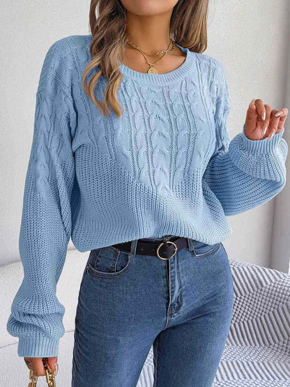 Cable-Knit Round Neck Drop Shoulder Sweater - Vesteeto