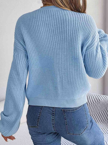 Cable-Knit Round Neck Drop Shoulder Sweater - Vesteeto